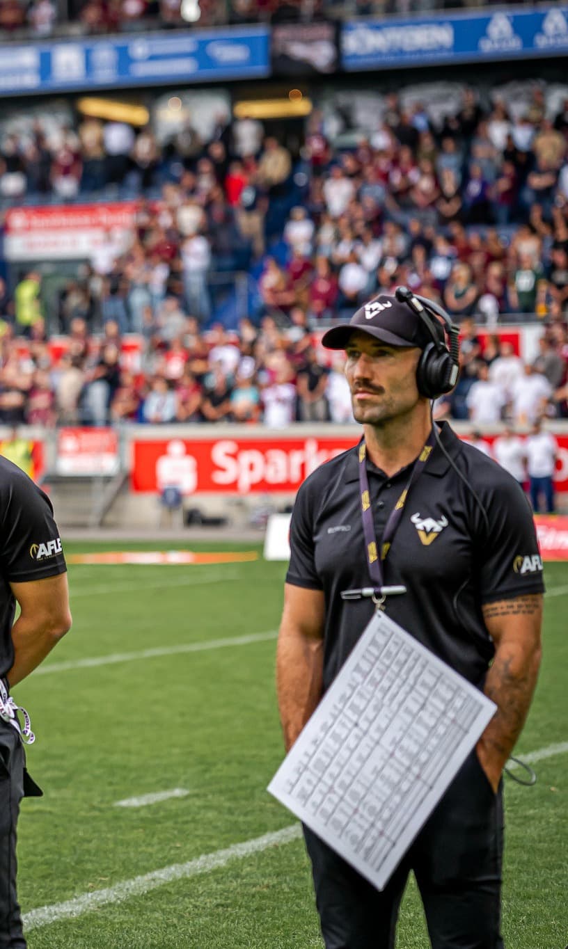 Michael Gentilli on the sideline with a call sheet, full stand behind him